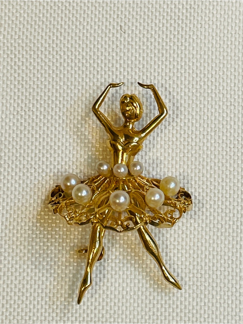 Vintage 14 Karat Yellow Gold and Cultured Pearl Ballerina Brooch Pin